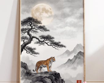 Tiger and Moon Art Print : Japanese Ink Wash, Misty Mountain
