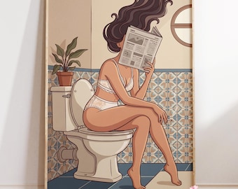 Minimalist Pinup Bathroom Poster : Retro Newspaper Illustration | Bathroom Wall Art | Pinup Print | Premium Matte Paper | Powder Room Decor