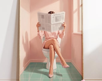 Woman Reading Newspaper in Bathroom Art Print : Fashion Illustration