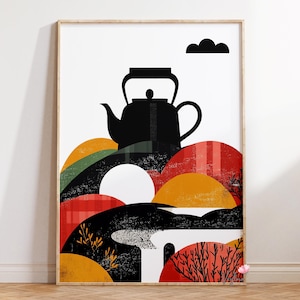 May include: A framed art print featuring a black teapot silhouette atop colorful, stylized hills. The artwork includes red, orange, green, and black shapes, with a white background and a small black cloud. The print is in a wooden frame.