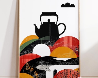 Retro Teapot Landscape Art Print | Minimalist Kitchen Decor