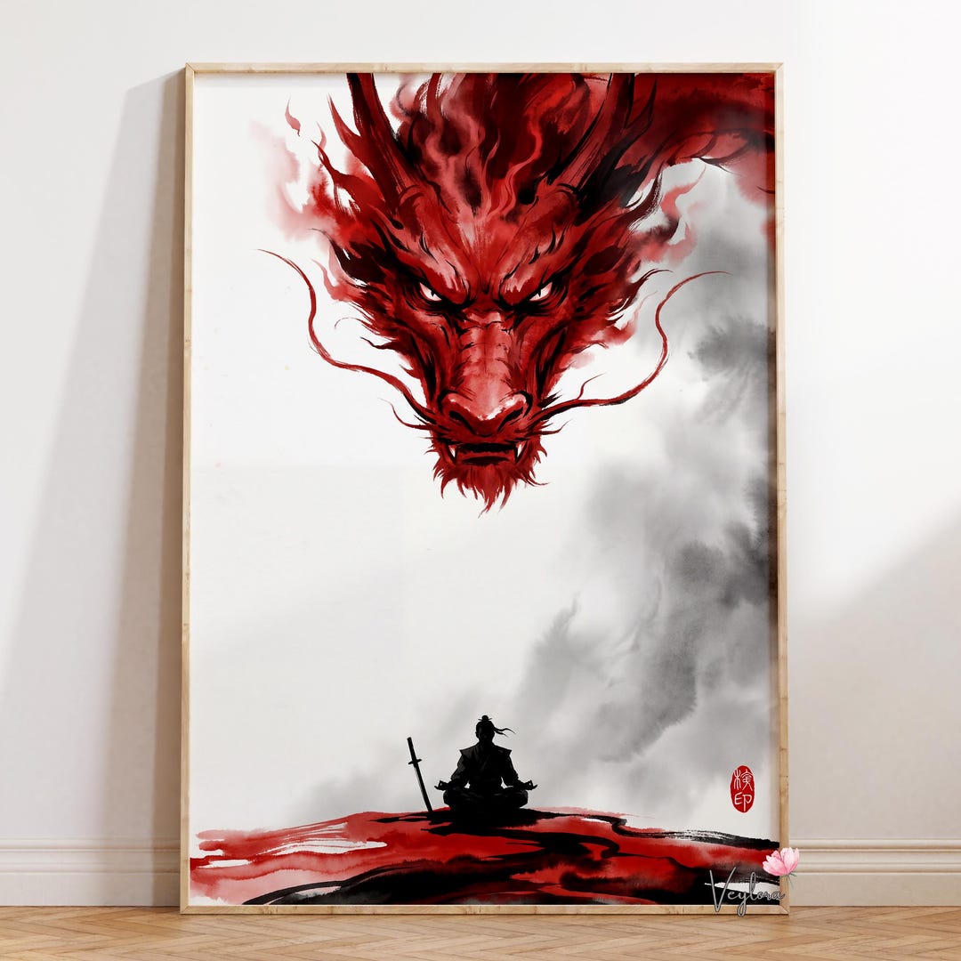 Red Dragon Japanese Art Print | Samurai Meditation, Dark Decor - Etsy