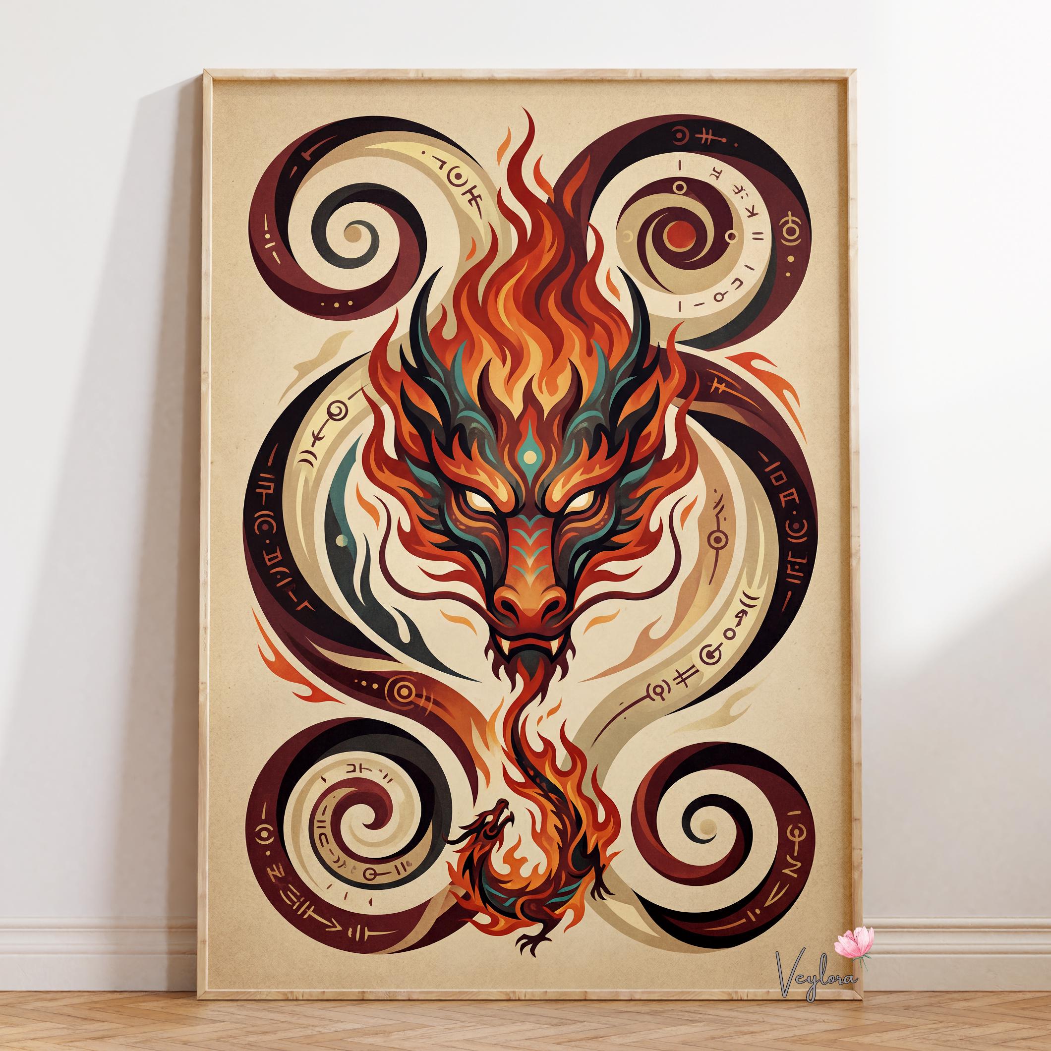 Flame Dragon Poster | Mythical Fire Dragon Illustration | Fantasy Wall ...