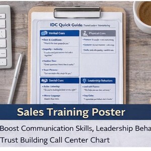 May include: A sales training poster on a wooden desk, held by a clipboard. The poster includes sections on verbal, physical, and social cues, and leadership behaviors. A keyboard, pen, and coffee cup are also on the desk.