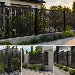 May include: A black metal privacy fence featuring a repeating geometric pattern with vertical lines and arched cutouts. The fence is constructed with solid vertical posts and decorative panels, providing a structured barrier for outdoor spaces.