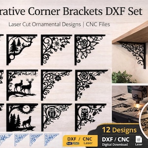 Peut inclure: Ensemble de supports d'angle décoratifs avec des motifs ornementaux découpés au laser. Les supports présentent divers motifs inspirés de la nature et de la fantaisie, notamment des dragons, des arbres, des fleurs, des oiseaux, des cerfs et des hiboux. L'image montre également une machine CNC en action.
