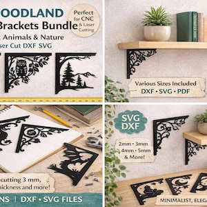 May include: Black metal shelf brackets with woodland animal and nature designs. The brackets are laser cut and come in various sizes. The image shows the brackets supporting shelves with plants and books.