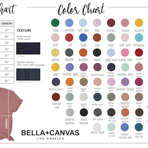 May include: A size and colour chart for Bella+Canvas t-shirts. The size chart shows measurements in inches for sizes XS to 5XL. The colour chart displays a variety of colours, including Kelly green, lavender, and heather navy.