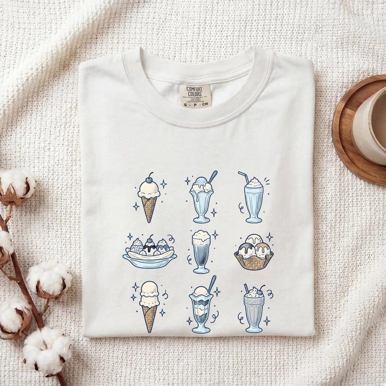 Frozen Dessert Shirt Desserts Cuisine Gift Women Nostalgic Tee Ice Cream T-Shirt Dessert Fan Vintage Tshirt Food Graphic Line Art Cherry image 1