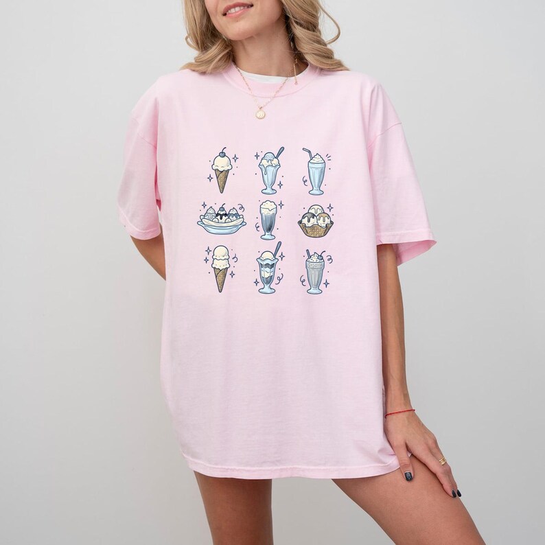Frozen Dessert Shirt Desserts Cuisine Gift Women Nostalgic Tee Ice Cream T-Shirt Dessert Fan Vintage Tshirt Food Graphic Line Art Cherry image 3