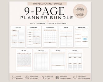 May include: A 9-page printable planner bundle featuring various organizational templates including daily, weekly, and monthly planners, a to-do list, habit tracker, budget planner, and task planners. The pages are US letter size, 8.5 x 11 inches.