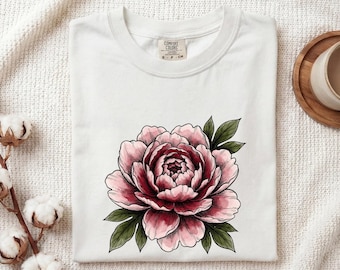 Peony Bloom Shirt Boho Chic Flower Gift Women Floral Illustration Tee Paeonia T-Shirt Hippie Fan Botanical Graphic Tshirt Retro Leaf