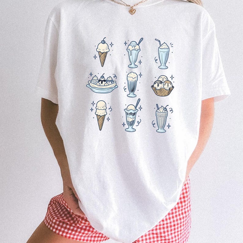 Frozen Dessert Shirt Desserts Cuisine Gift Women Nostalgic Tee Ice Cream T-Shirt Dessert Fan Vintage Tshirt Food Graphic Line Art Cherry image 6