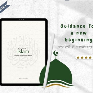 May include: A digital tablet displaying a book cover with the title "Discovering Islam: Welcome Guide for New Muslims." The image includes text: "Guidance for a new beginning, clear path to understanding Islam." A stylus and a green mosque graphic are also present.