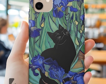 Schwarze Katze in Iris Handyhülle | Spaß Garten Blumenmuster