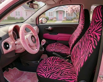 Hot Pink Zebra Seat Covers - Girly Y2K Car Accessories - Universal Fit Animal Print Interior Protectors for Women - Set of 2