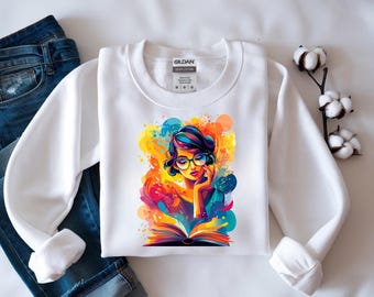Colorful Reading Girl PNG | Book Lover Illustration Art | Creative Woman With Glasses | Bookish