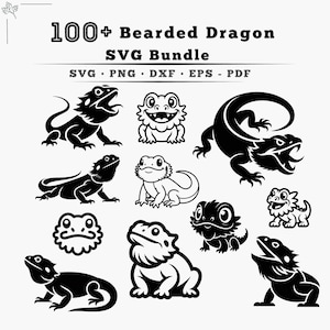 May include: A collection of black and white bearded dragon SVG designs. The image includes various illustrations of the reptile in different poses, with the text "100+ Bearded Dragon SVG Bundle" and file type indicators.