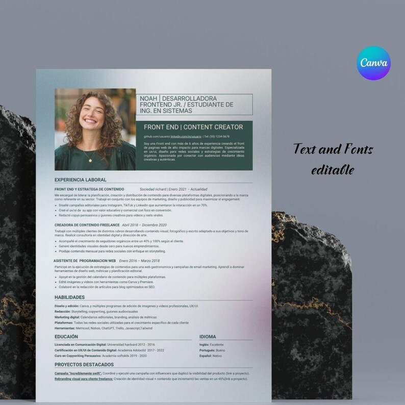 ATS Friendly Resume CV for IT, Modern and Elegant Editable Canva Resume ...