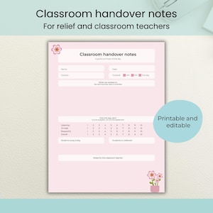May include: A pink classroom handover notes template with the text "Classroom handover notes" and "For relief and classroom teachers". The template includes sections for name, contact, and a daily assessment. A light blue circle with the text "Printable and editable" is on the right.