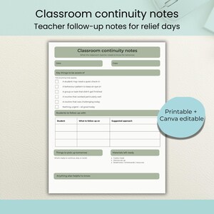 Peut inclure: Un modèle imprimable de notes de continuité en classe pour les enseignants, avec des sections pour les observations clés, le suivi des élèves et le matériel. Le design comprend le texte "Classroom continuity notes".