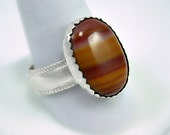 UNIQUE-Banded Agate & Sterling Silver Ring, Hand cut stone and Silver work