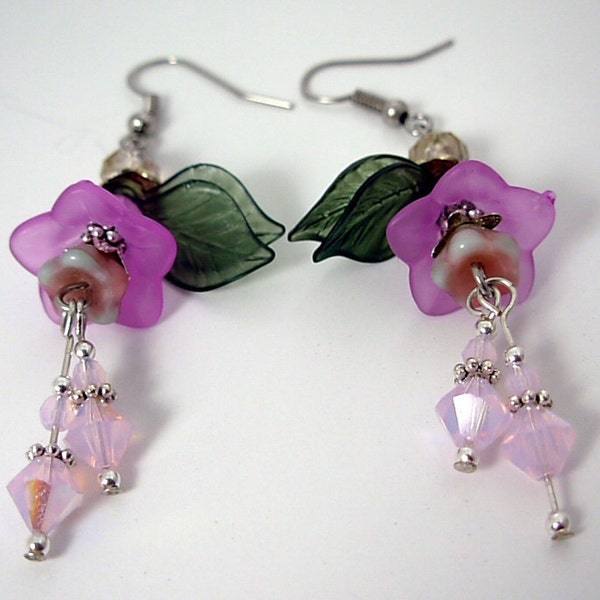 Radiant Orchid Flower Earrings, Lucite & Swarovski, Pantone inspired color, Spring floral, feminine, under 20 gift for her