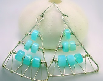 Sterling Silver & Peruvian Blue Opal Earrings, Triangle, Geometric, Art Deco
