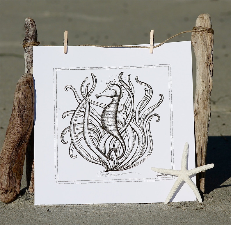 Print of Black and White Seahorse Pen and Ink Drawing Etsy