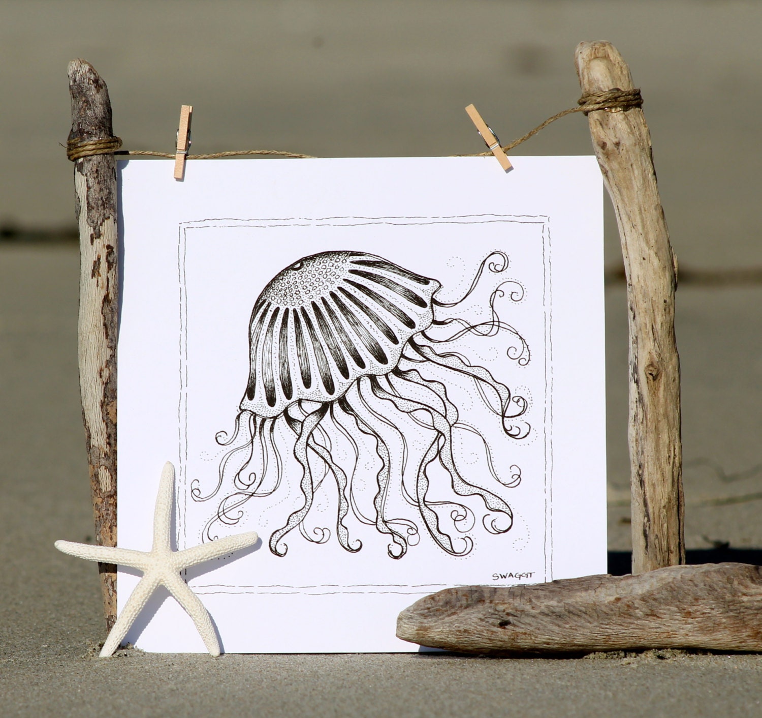 Print of Black and White Jellyfish Pen and Ink Drawing Etsy