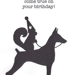 Squirrel wearing a party hat while riding a Doberman Pinscher Dog for his Birthday