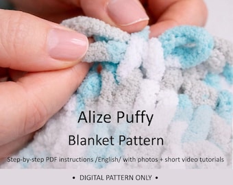 Padrão fácil para manta fofa Alize, fio em laço, crochê digital em PDF, manta de tricô grosso em PDF, padrão de tricô com os dedos, ideal para iniciantes.