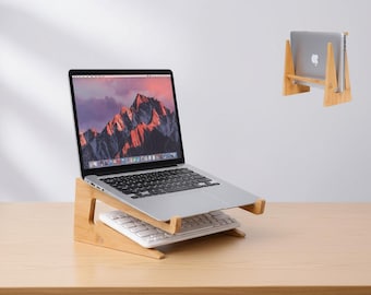 Minimalist Bamboo Laptop Stand, Ergonomic Wooden Laptop Riser & Vertical Holder, Aesthetic Desk Setup Office Gift