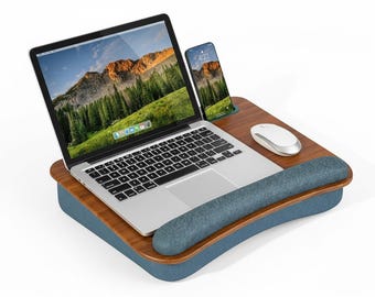 Portable Lap Desk with Cushion, Laptop Bed Desk 17 Inch, Tablet Holder Slot, Wrist Rest, Travel Laptop Stand, Work From Home Desk