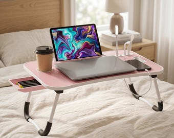 Foldable Laptop Bed Desk with USB, Fan, Light, Cup Holder, Drawer