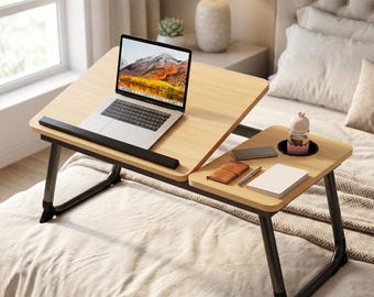 Adjustable Folding Laptop Desk with Cup Holder, Portable Bed Tray Table