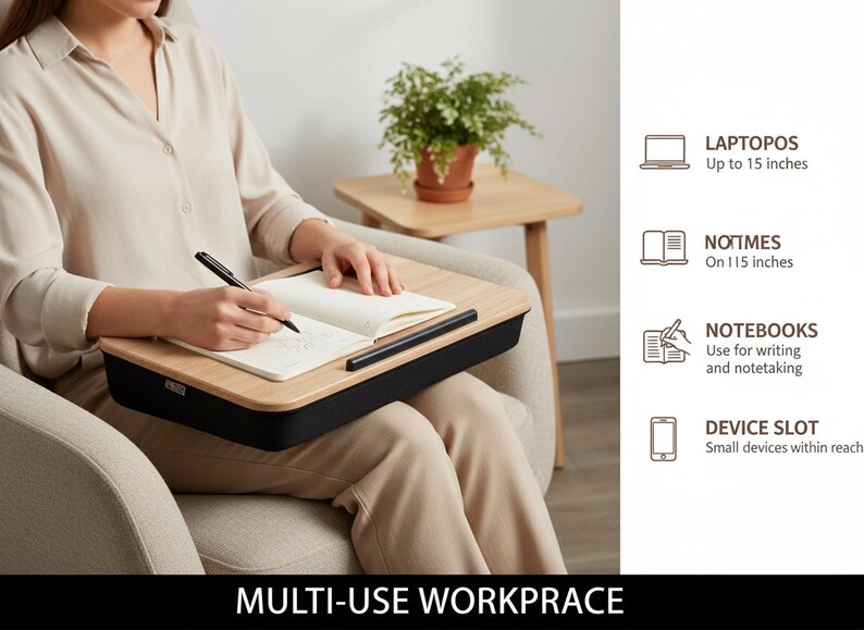 Laptop Lap Desk with Cushion, Portable Lap Tray with Phone Holder, Wood Bed Desk for Laptop up to 15.6”, Travel Work Desk afbeelding 20