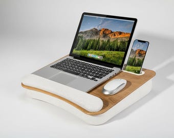 Portable Lap Desk with Cushion, Laptop Bed Desk 17 Inch, Tablet Holder Slot, Wrist Rest, Travel Laptop Stand, Work From Home Desk
