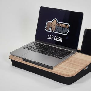 Laptop Lap Desk with Cushion, Portable Lap Tray with Phone Holder, Wood Bed Desk for Laptop up to 15.6”, Travel Work Desk Light Wood