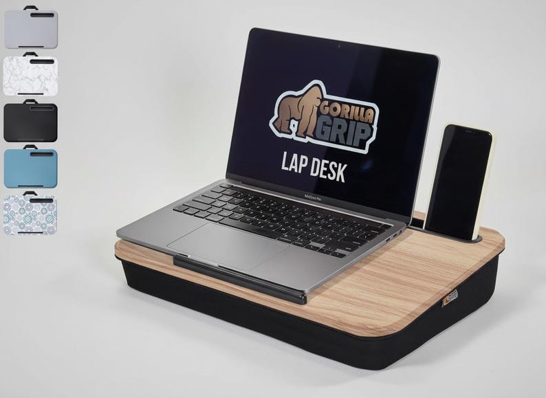 Laptop Lap Desk with Cushion, Portable Lap Tray with Phone Holder, Wood Bed Desk for Laptop up to 15.6”, Travel Work Desk Light Wood