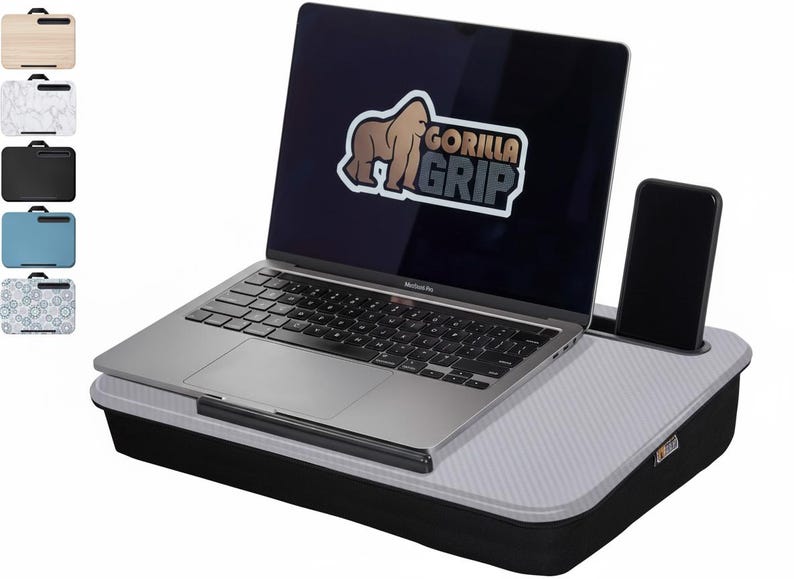 Laptop Lap Desk with Cushion, Portable Lap Tray with Phone Holder, Wood Bed Desk for Laptop up to 15.6”, Travel Work Desk Gray