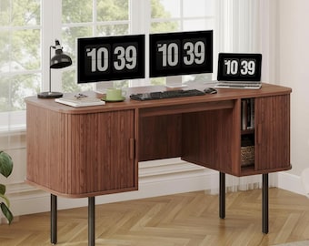 Mid Century Modern Fluted Desk with Charging Station, 55 Inch Executive Home Office Storage