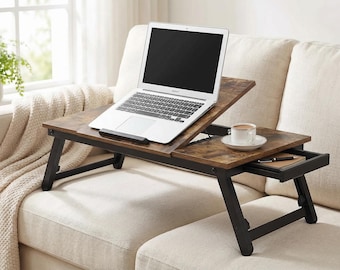 Adjustable Laptop Desk for Bed, Bamboo Lap Tray Table with Tilt Top, Foldable Legs, Drawer, Sofa Breakfast Tray, Left Right Handed