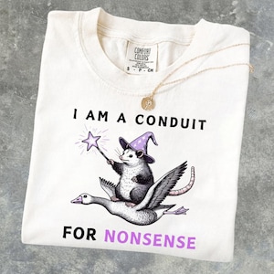 May include: Cream-colored t-shirt with the text "I AM A CONDUIT FOR NONSENSE." The graphic features an opossum wearing a wizard hat and holding a wand, riding a goose. A gold necklace with a pendant is also visible.