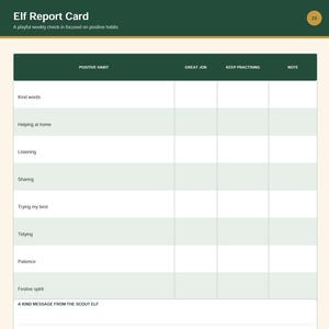 May include: An Elf Report Card with a dark green header titled Elf Report Card and a subtitle A playful weekly check-in focused on positive habits. The chart lists habits like Kind words, Helping at home, Listening, Sharing, and Festive spirit.