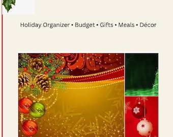 May include: A festive Christmas planner cover with the text "2026 Christmas Planner." The design includes holly, pine cones, ornaments, and the words "Holiday Organizer • Budget • Gifts • Meals • Décor."