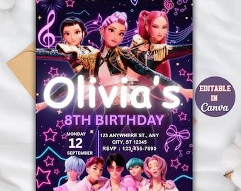 Kpop Demon Hunters Birthday Invitation, Huntrix Invite, K-Pop Birthday Party Invite, Editable Canva Template, Digital Download