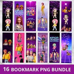 Puede incluir: Un conjunto de 16 marcadores con ilustraciones temáticas de K-Pop. Los marcadores presentan personajes de dibujos animados, el texto "KPOP DEMON HUNTERS" y la palabra "HUNTRIX" sobre un fondo púrpura. La frase "16 BOOKMARK PNG BUNDLE" está en la parte inferior.