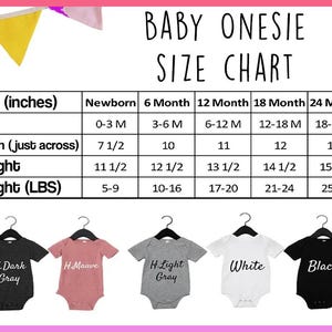 May include: A baby onesie size chart with measurements in inches and weights in pounds. The chart includes sizes for newborns up to 24 months. Below the chart are examples of onesies in various colors: dark gray, mauve, light gray, white, and black.