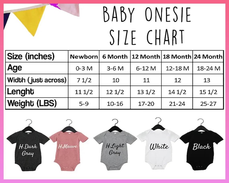 May include: A baby onesie size chart with measurements in inches and weights in pounds. The chart includes sizes for newborns up to 24 months. Below the chart are examples of onesies in various colors: dark gray, mauve, light gray, white, and black.